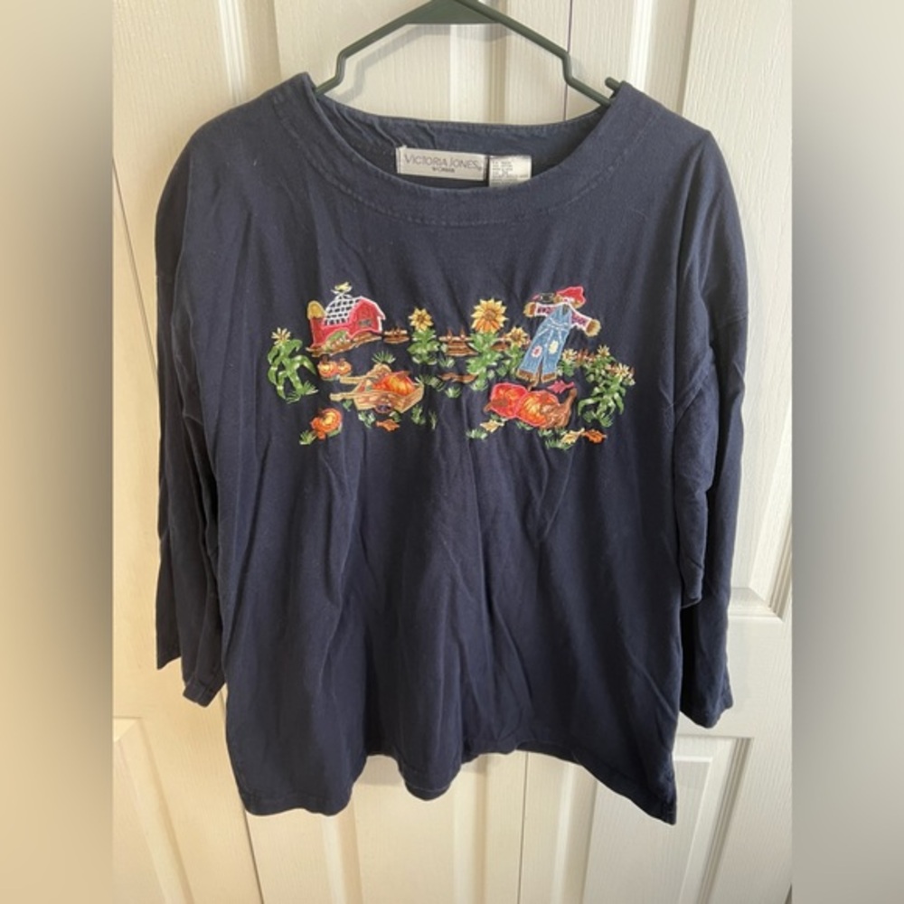 Victoria Jones Woman Fall Embroidered 3/4 Sleeve Tee Women's Size XXL 90s‎